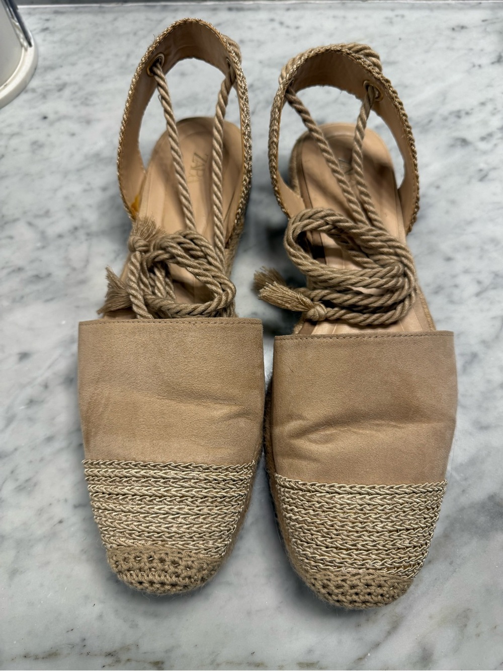 Zara Tan Espadrille Flats with Braided Rope Ankle Ties